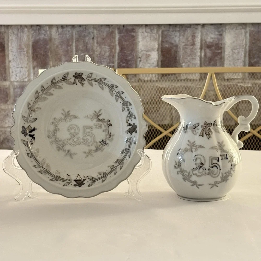 Vintage Lefton 25th Anniversary Pitcher &‎ Liner Bowl Silver White Porcelain MCM
